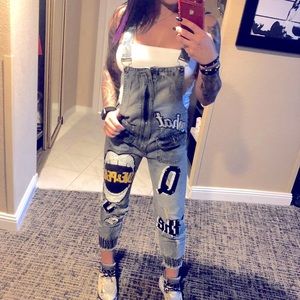 Like New! THE CUTEST Street style distressed denim overalls with sequin patches